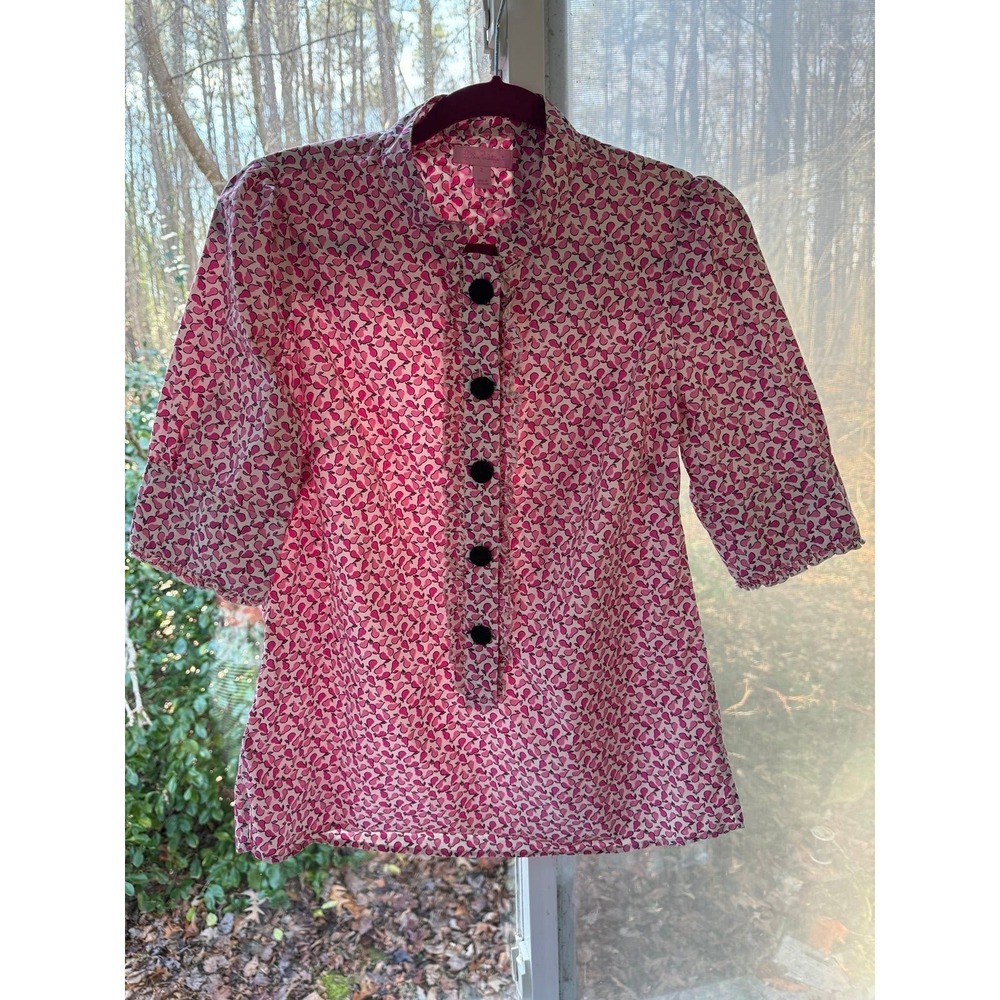 Lilly Pulitzer Pears Half Sleeve Top Size 2 Pink Black & White Mandarin Collar